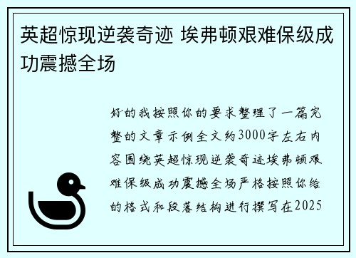 英超惊现逆袭奇迹 埃弗顿艰难保级成功震撼全场