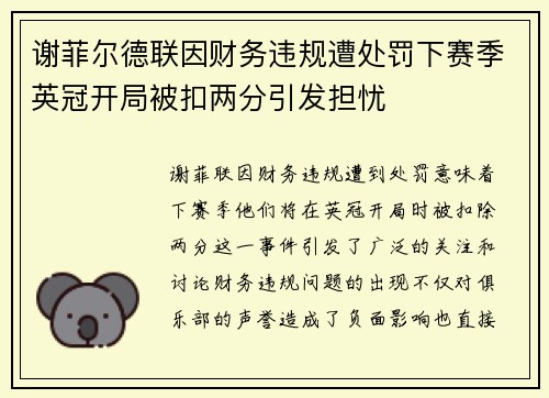 谢菲尔德联因财务违规遭处罚下赛季英冠开局被扣两分引发担忧